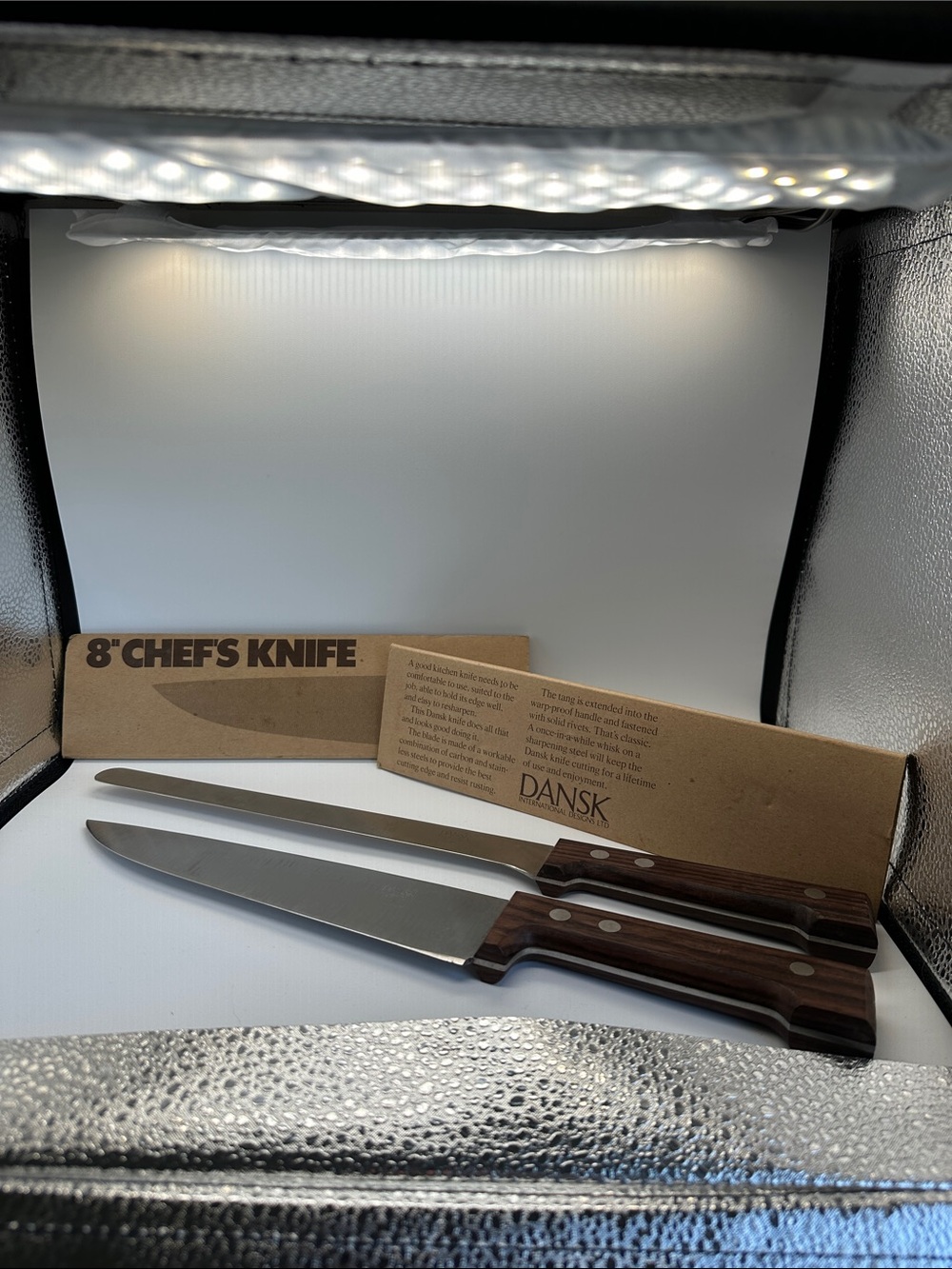 Dansk 8" chef/ 9” bread knife stainless steel 3 rivet teak wood handle MCM